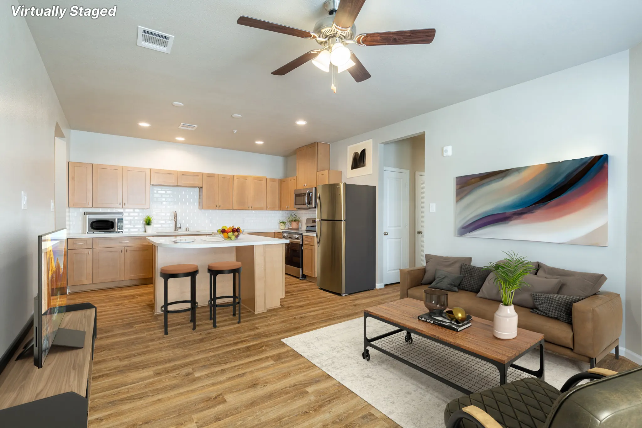 Park Place Flats Unit A living room and kitchen, virtually staged