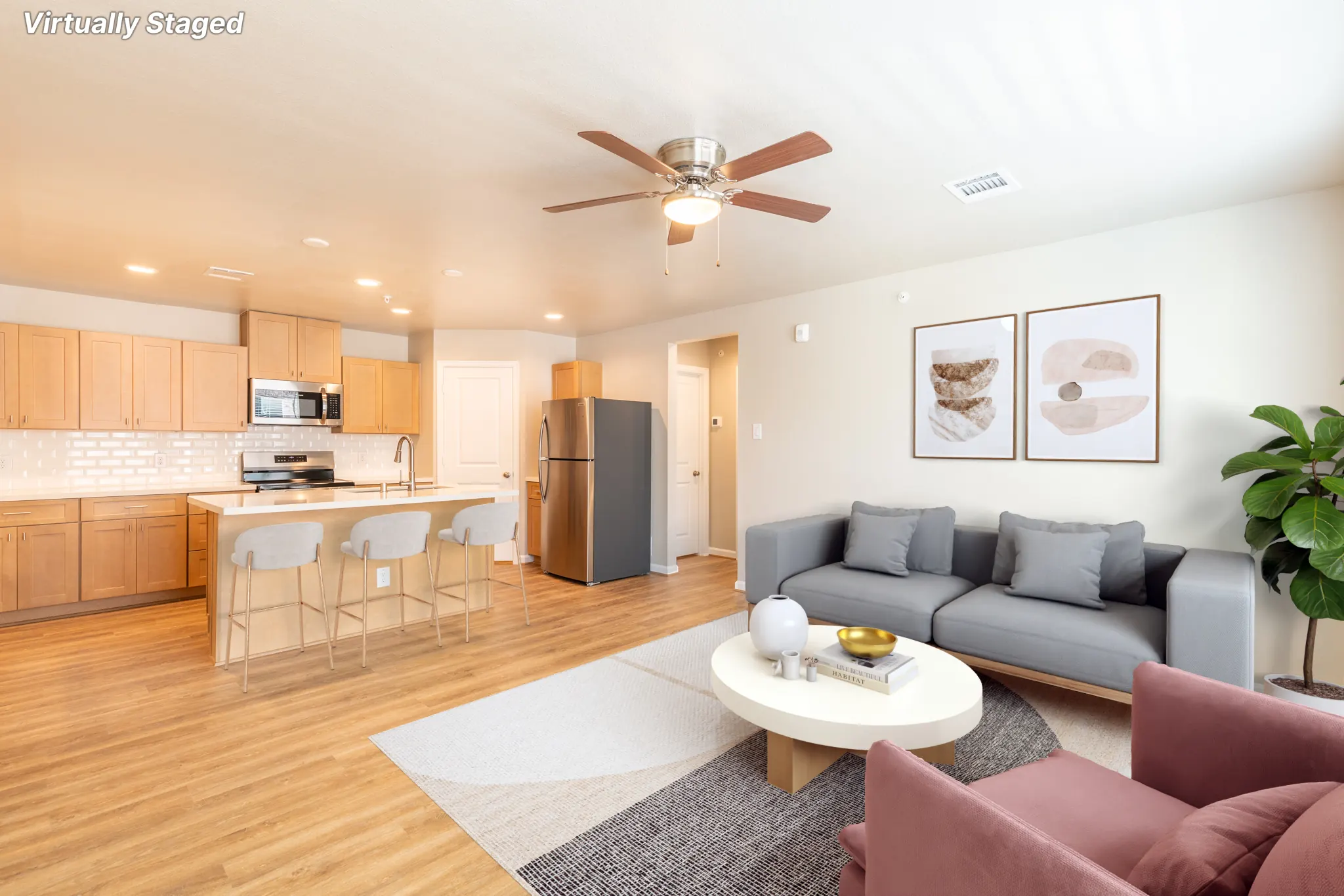 Park Place Flats Unit C living room and kitchen, virtually staged