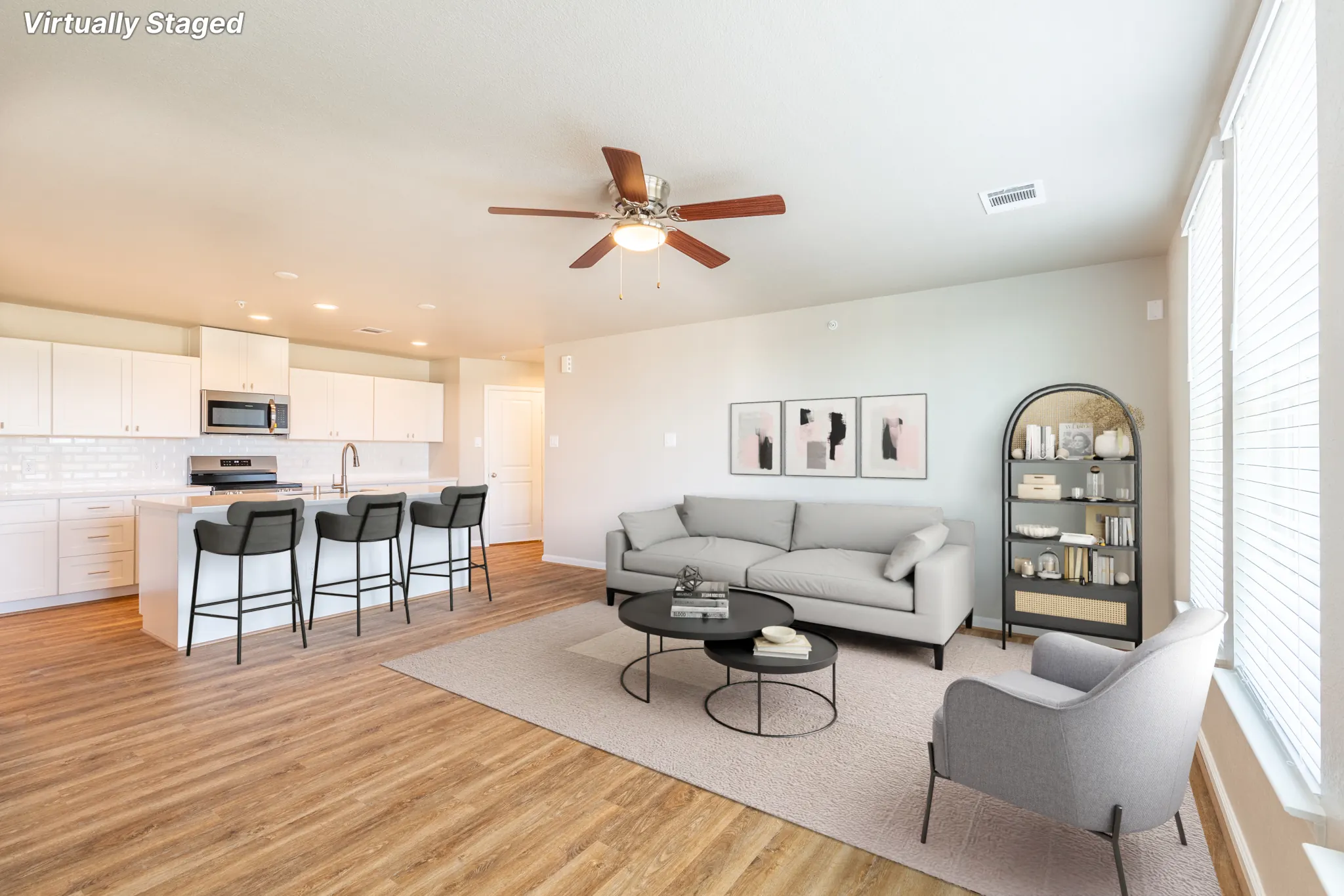 Park Place Flats Unit D living room and kitchen, virtually staged