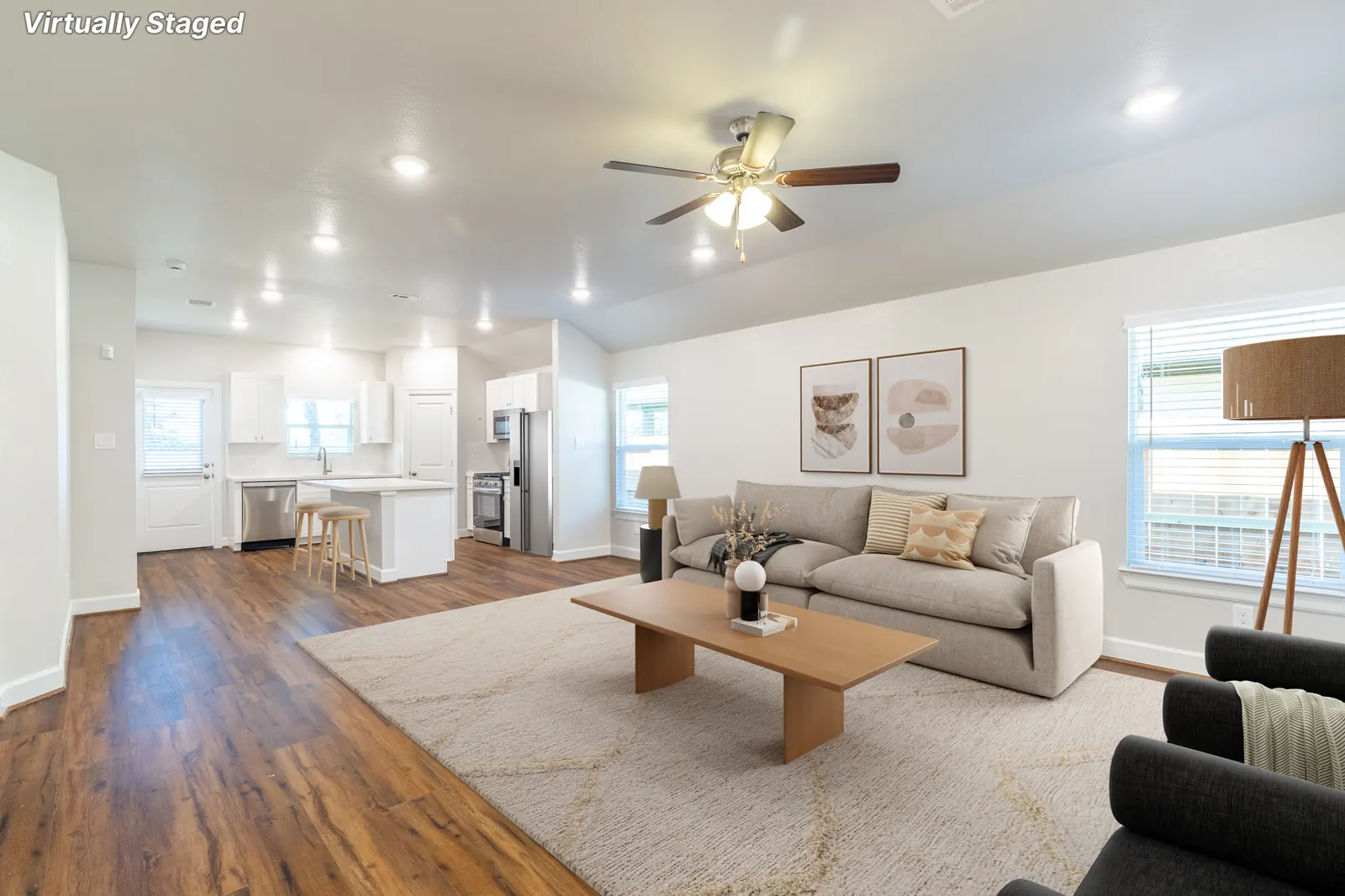 Roosevelt Street living room and kitchen, virtually staged