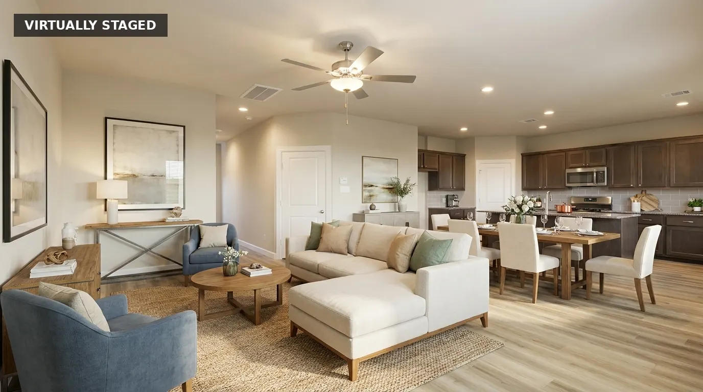 Harvest Landing living and dining area, virtually staged