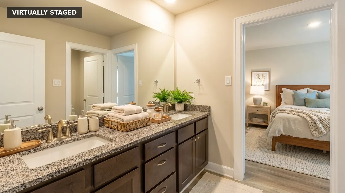 Harvest Landing primary bathroom, virtually staged