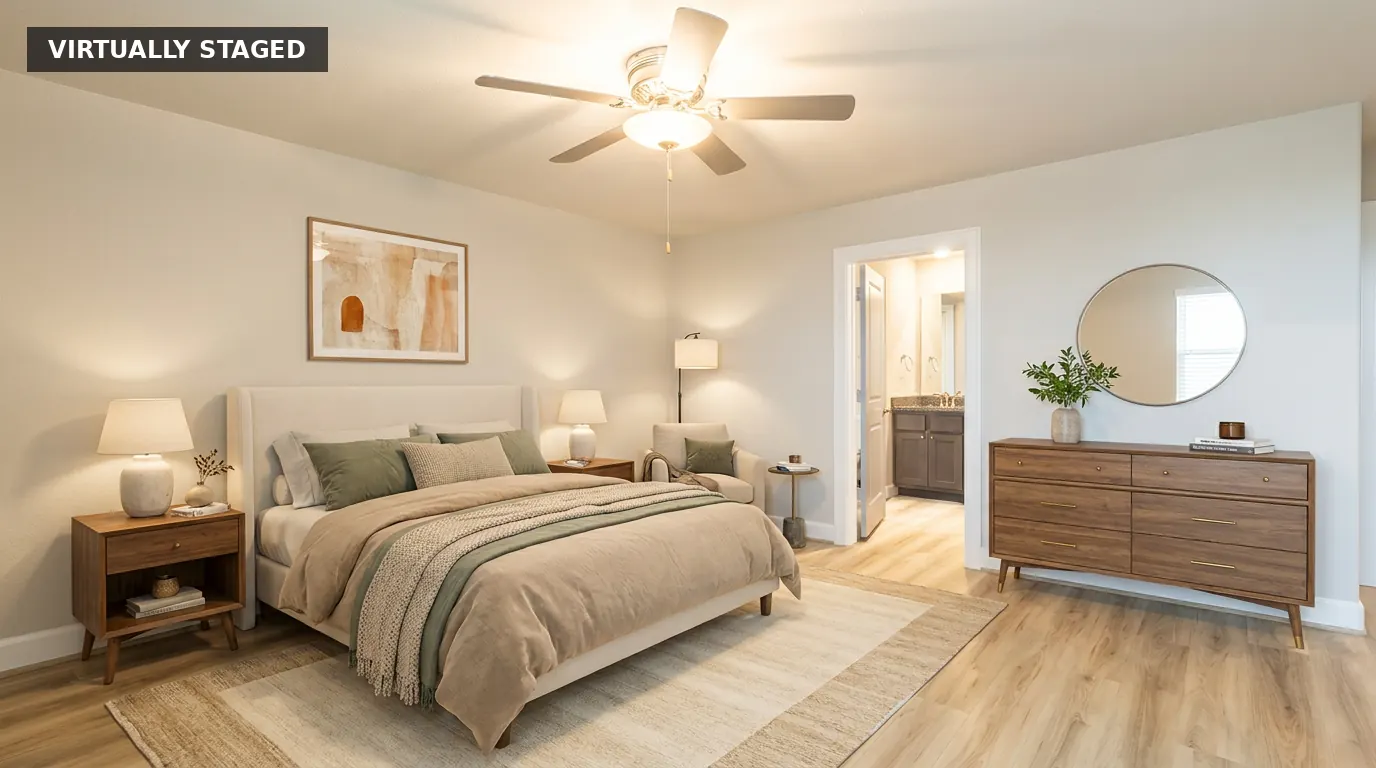Harvest Landing primary bedroom, virtually staged
